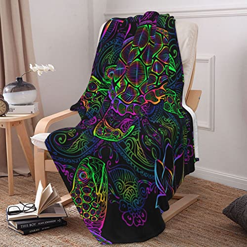 Psychedelic Sea Turtle Fleece Throw Blanket Plush Soft Throw for Couch Bed Sofa, 90 in X 66 in