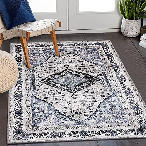 Misiffa Vintage Persian Area Rug, 3x5 Washable Entry Rug Non-Slip Indoor Door Mat, Small Throw Rug for Entryway Kitchen Bedroom Bathroom Living Room Carpet (Light Blue, 3x5ft)