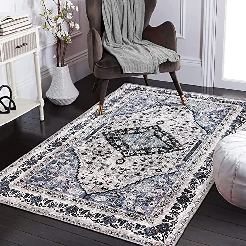 Misiffa Vintage Persian Area Rug, 3x5 Washable Entry Rug Non-Slip Indoor Door Mat, Small Throw Rug for Entryway Kitchen Bedroom Bathroom Living Room Carpet (Light Blue, 3x5ft)