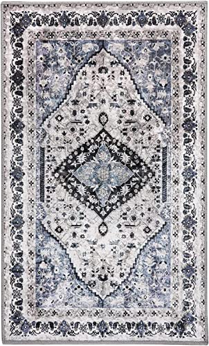 Misiffa Vintage Persian Area Rug, 3x5 Washable Entry Rug Non-Slip Indoor Door Mat, Small Throw Rug for Entryway Kitchen Bedroom Bathroom Living Room Carpet (Light Blue, 3x5ft)