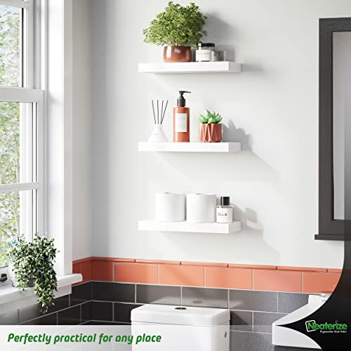 NEATERIZE Floating Shelves Set of 3 | Durable Wall Shelves with Invisible Bracket | Great Shelf for Bathroom, Bedrooms, Kitchen, Office and Living Room Décor. (White - Small)