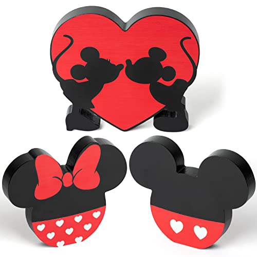 Unbess 3Pcs Red Cartoon Mouse Tiered Tray Sign Table Decor Red Black White Mouse Love Heart Shaped Freestanding Farmhouse Rustic Double-sided Wooden Centerpieces for Wedding Anniversary Party Home