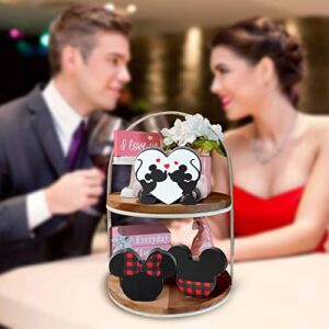 Unbess 3Pcs Red Cartoon Mouse Tiered Tray Sign Table Decor Red Black White Mouse Love Heart Shaped Freestanding Farmhouse Rustic Double-sided Wooden Centerpieces for Wedding Anniversary Party Home