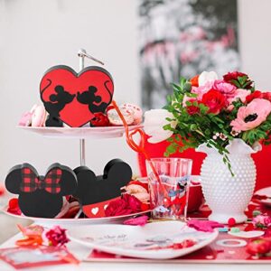 Unbess 3Pcs Red Cartoon Mouse Tiered Tray Sign Table Decor Red Black White Mouse Love Heart Shaped Freestanding Farmhouse Rustic Double-sided Wooden Centerpieces for Wedding Anniversary Party Home