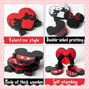 Unbess 3Pcs Red Cartoon Mouse Tiered Tray Sign Table Decor Red Black White Mouse Love Heart Shaped Freestanding Farmhouse Rustic Double-sided Wooden Centerpieces for Wedding Anniversary Party Home