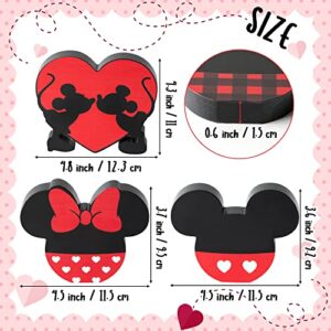 Unbess 3Pcs Red Cartoon Mouse Tiered Tray Sign Table Decor Red Black White Mouse Love Heart Shaped Freestanding Farmhouse Rustic Double-sided Wooden Centerpieces for Wedding Anniversary Party Home