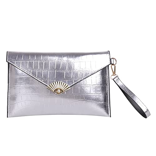 Women Wallet Fashion Alligator Pattern Envelope Clutch Handbag Solid Evening Bag, Silver, 21 x 18 x 5cm