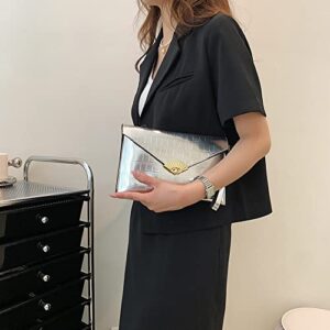 Women Wallet Fashion Alligator Pattern Envelope Clutch Handbag Solid Evening Bag, Silver, 21 x 18 x 5cm