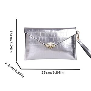 Women Wallet Fashion Alligator Pattern Envelope Clutch Handbag Solid Evening Bag, Silver, 21 x 18 x 5cm