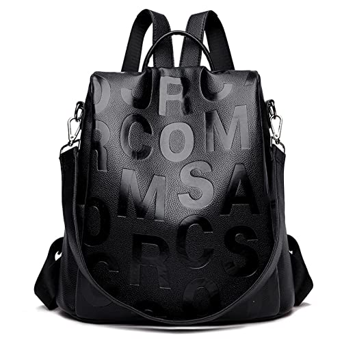 Multipurpose PU Leather Women Anti Theft Backpack Purse Travel Fashion Handbag Ladies Shoulder Bag (Black letters)