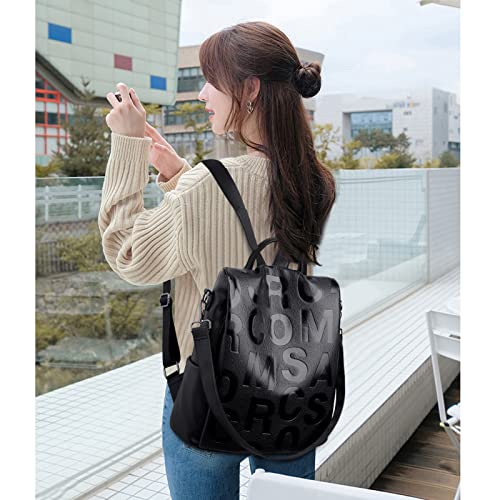 Multipurpose PU Leather Women Anti Theft Backpack Purse Travel Fashion Handbag Ladies Shoulder Bag (Black letters)