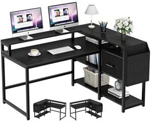 loomie reversible l shaped computer desk with drawer, 55″ w x 41″ d industrial corner computer desk with 4 tier storage shelves & monitor stand and storage bag, study table for home office, black