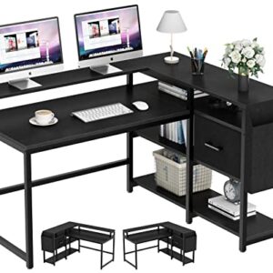 Loomie Reversible L Shaped Computer Desk with Drawer, 55" W x 41" D Industrial Corner Computer Desk with 4 Tier Storage Shelves & Monitor Stand and Storage Bag, Study Table for Home Office, Black