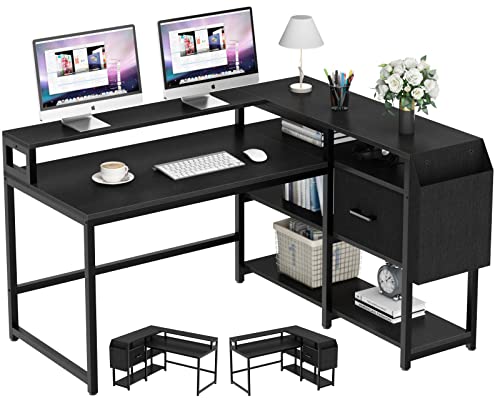 Loomie Reversible L Shaped Computer Desk with Drawer, 55" W x 41" D Industrial Corner Computer Desk with 4 Tier Storage Shelves & Monitor Stand and Storage Bag, Study Table for Home Office, Black