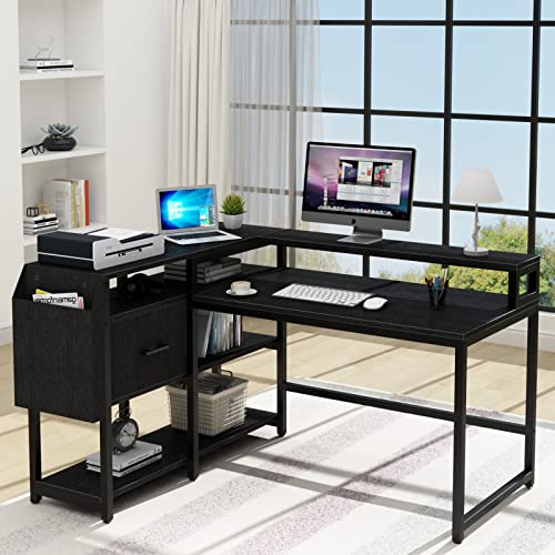 Loomie Reversible L Shaped Computer Desk with Drawer, 55" W x 41" D Industrial Corner Computer Desk with 4 Tier Storage Shelves & Monitor Stand and Storage Bag, Study Table for Home Office, Black