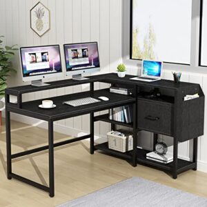 Loomie Reversible L Shaped Computer Desk with Drawer, 55" W x 41" D Industrial Corner Computer Desk with 4 Tier Storage Shelves & Monitor Stand and Storage Bag, Study Table for Home Office, Black