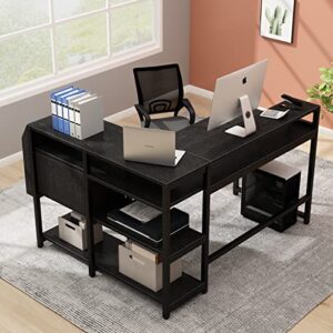 Loomie Reversible L Shaped Computer Desk with Drawer, 55" W x 41" D Industrial Corner Computer Desk with 4 Tier Storage Shelves & Monitor Stand and Storage Bag, Study Table for Home Office, Black