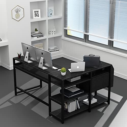 Loomie Reversible L Shaped Computer Desk with Drawer, 55" W x 41" D Industrial Corner Computer Desk with 4 Tier Storage Shelves & Monitor Stand and Storage Bag, Study Table for Home Office, Black