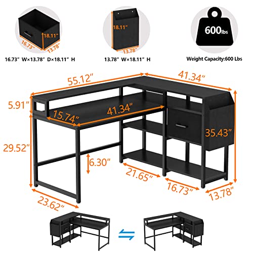 Loomie Reversible L Shaped Computer Desk with Drawer, 55" W x 41" D Industrial Corner Computer Desk with 4 Tier Storage Shelves & Monitor Stand and Storage Bag, Study Table for Home Office, Black