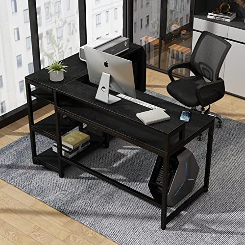 Loomie Reversible L Shaped Computer Desk with Drawer, 55" W x 41" D Industrial Corner Computer Desk with 4 Tier Storage Shelves & Monitor Stand and Storage Bag, Study Table for Home Office, Black