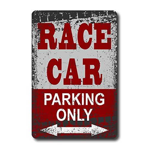 Race Car Room Decor For Boys - 8x12 Metal Tin Race Car Parking Only Sign - Car Themed Room Decor Gift - Garage, Man Cave, Bedroom Wall Decor