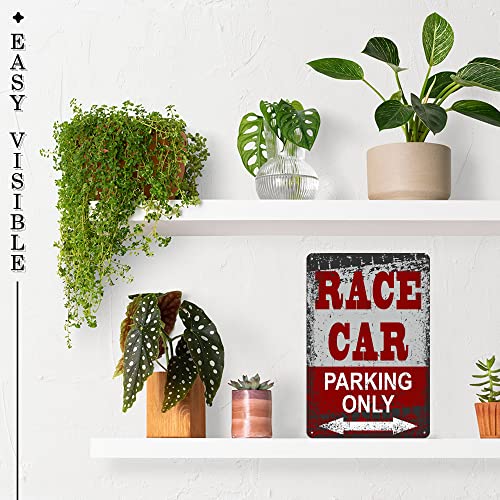 Race Car Room Decor For Boys - 8x12 Metal Tin Race Car Parking Only Sign - Car Themed Room Decor Gift - Garage, Man Cave, Bedroom Wall Decor