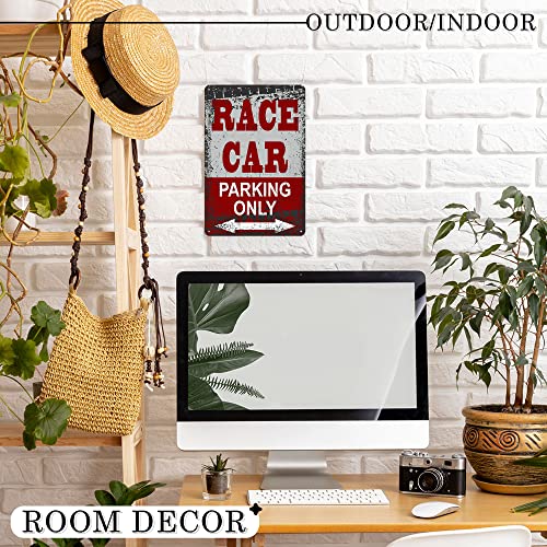 Race Car Room Decor For Boys - 8x12 Metal Tin Race Car Parking Only Sign - Car Themed Room Decor Gift - Garage, Man Cave, Bedroom Wall Decor