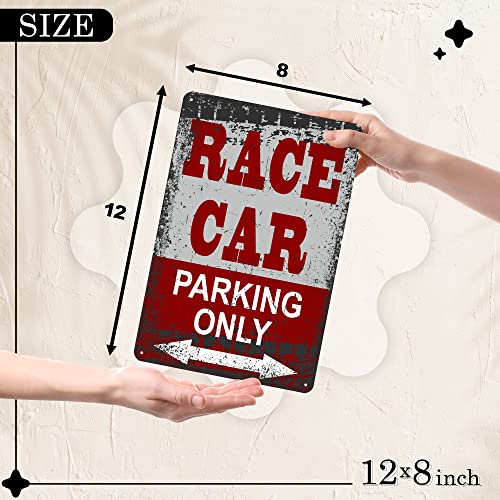 Race Car Room Decor For Boys - 8x12 Metal Tin Race Car Parking Only Sign - Car Themed Room Decor Gift - Garage, Man Cave, Bedroom Wall Decor