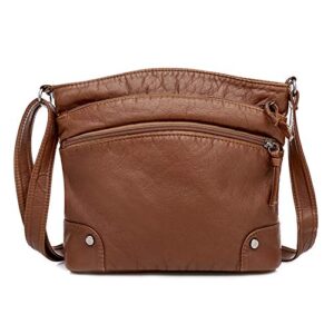 Casual Multi-zipper Messenger Totes PU Women Big Capacity Solid Shoulder Handbag, Brown, 21 x 18 x 5cm