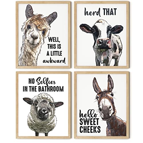 Funny Bathroom Decor Wall Art Cute Cow Llama Donkey Sheep Animal Artwork Inspirational Farmhouse Home Wall Decor Pictures Prints for Bathroom Restroom Nursery Kids Boy Room ,(4PCS, 8"x10", Unframed)