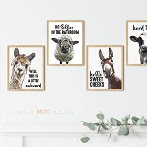 Funny Bathroom Decor Wall Art Cute Cow Llama Donkey Sheep Animal Artwork Inspirational Farmhouse Home Wall Decor Pictures Prints for Bathroom Restroom Nursery Kids Boy Room ,(4PCS, 8"x10", Unframed)