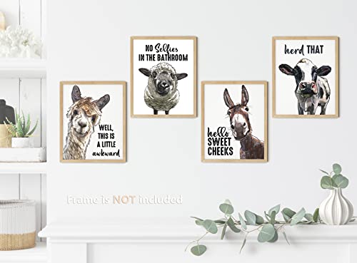 Funny Bathroom Decor Wall Art Cute Cow Llama Donkey Sheep Animal Artwork Inspirational Farmhouse Home Wall Decor Pictures Prints for Bathroom Restroom Nursery Kids Boy Room ,(4PCS, 8"x10", Unframed)