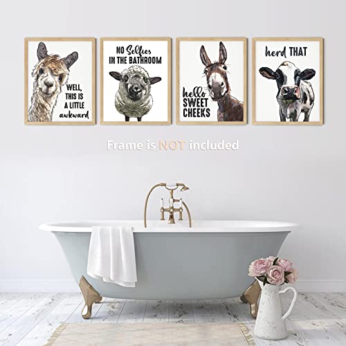 Funny Bathroom Decor Wall Art Cute Cow Llama Donkey Sheep Animal Artwork Inspirational Farmhouse Home Wall Decor Pictures Prints for Bathroom Restroom Nursery Kids Boy Room ,(4PCS, 8"x10", Unframed)