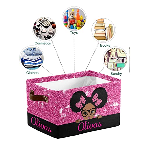 Urcustom Personalized Storage Bins, Custom Basket Boxes for Organizing Closet Shelf Nursery Toy African Girl Purple Glitter, ZY1222