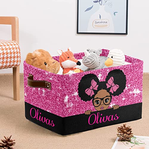 Urcustom Personalized Storage Bins, Custom Basket Boxes for Organizing Closet Shelf Nursery Toy African Girl Purple Glitter, ZY1222