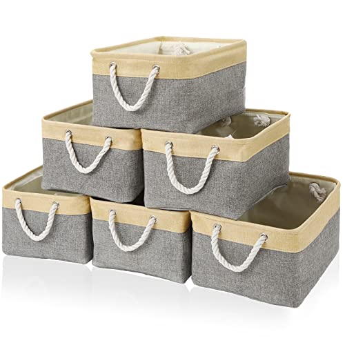 6 Pack Storage Bins Fabric Large Foldable Storage Baskets with Handles Decorative Storage Baskets for Organizing Bedroom Dorm Closet Nursery Toy Laundry, 15.7 x 11.8 x 8.3 Inch, Beige and Grey