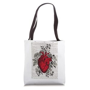 red anatomical flowers rose heart design nurse clinic tote bag