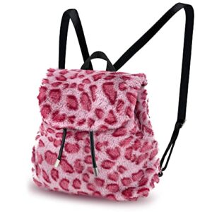 mewcho 11” y2k bag plush backpack small cute pink blue drawstring leopard fluffy kawaii purse mini backpack for women teen girls (one-leo-pink)