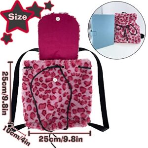 Mewcho 11” Y2k Bag Plush Backpack Small Cute Pink Blue Drawstring Leopard Fluffy Kawaii Purse Mini Backpack for Women Teen Girls (ONE-Leo-Pink)