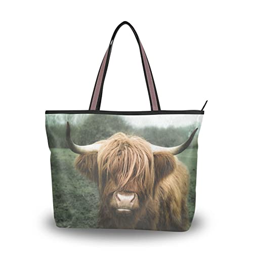 Women Tote Top Handle Shoulder Bags, Highland Cow Eating Grass Tote Bags Purses Daily Use, Tote Purse for Women