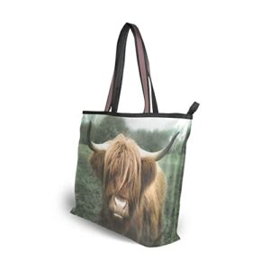 Women Tote Top Handle Shoulder Bags, Highland Cow Eating Grass Tote Bags Purses Daily Use, Tote Purse for Women