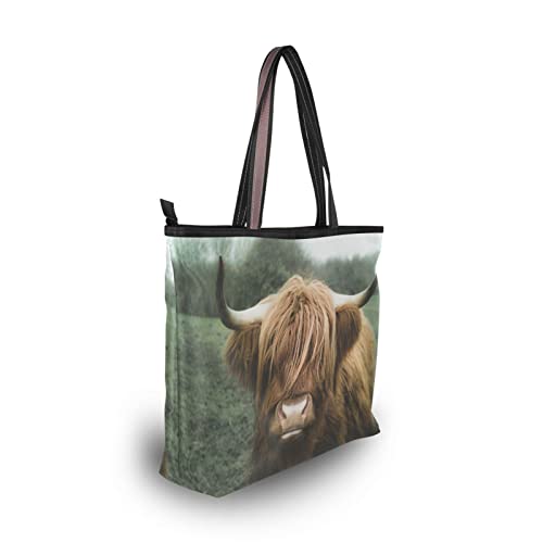 Women Tote Top Handle Shoulder Bags, Highland Cow Eating Grass Tote Bags Purses Daily Use, Tote Purse for Women