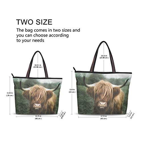 Women Tote Top Handle Shoulder Bags, Highland Cow Eating Grass Tote Bags Purses Daily Use, Tote Purse for Women