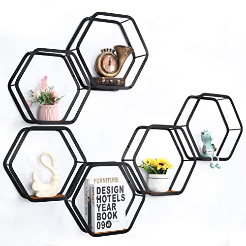 YBING Hexagon Floating Shelves Metal Black Honeycomb Shelves for Wall Metal Storage Hexagon Wall Shelves Set of 6 Hexagonal Floating Wall Mounted Storage Shelves for Living Room Bedroom