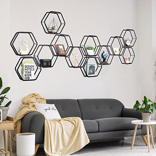 YBING Hexagon Floating Shelves Metal Black Honeycomb Shelves for Wall Metal Storage Hexagon Wall Shelves Set of 6 Hexagonal Floating Wall Mounted Storage Shelves for Living Room Bedroom