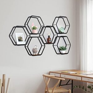 YBING Hexagon Floating Shelves Metal Black Honeycomb Shelves for Wall Metal Storage Hexagon Wall Shelves Set of 6 Hexagonal Floating Wall Mounted Storage Shelves for Living Room Bedroom