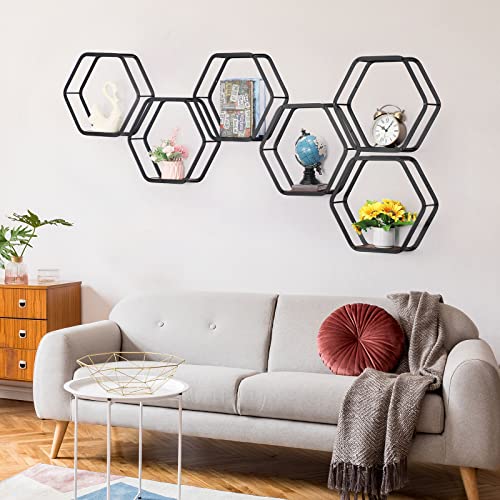 YBING Hexagon Floating Shelves Metal Black Honeycomb Shelves for Wall Metal Storage Hexagon Wall Shelves Set of 6 Hexagonal Floating Wall Mounted Storage Shelves for Living Room Bedroom