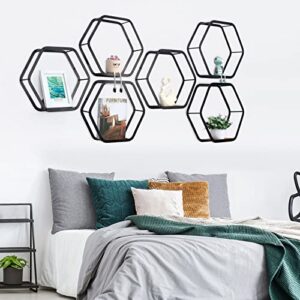 YBING Hexagon Floating Shelves Metal Black Honeycomb Shelves for Wall Metal Storage Hexagon Wall Shelves Set of 6 Hexagonal Floating Wall Mounted Storage Shelves for Living Room Bedroom