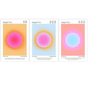angel numbers set 111,222,333 poster minimalist wall art print, halo poster aesthetic preppy picture for wall art living room decor set of 3 12″x16″ unframed.