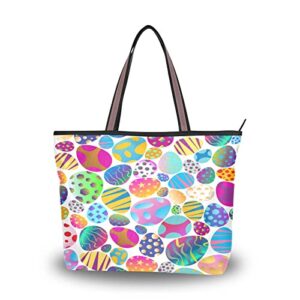 women’s tote purse with pocket easter egg printed handbag polyester tote bag spring tote purse